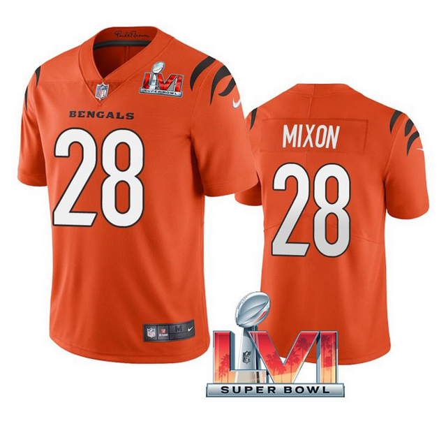 Men's Cincinnati Bengals #28 Joe Mixon 2022 Orange Super Bowl LVI Vapor Limited Stitched Jersey